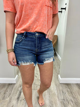 Load image into Gallery viewer, Mid Rise Dark Wash Fray Hem Shorts