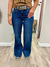 Load image into Gallery viewer, Mid Rise Dark Wash Seam Flare Denim