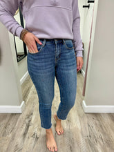 Load image into Gallery viewer, Mid Rise Fray Medium Wash Straight Leg Denim