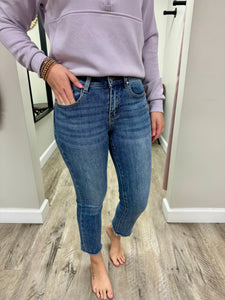 Mid Rise Fray Medium Wash Straight Leg Denim