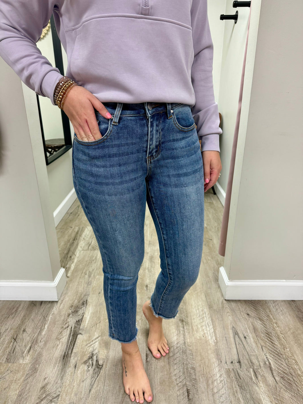 Mid Rise Fray Medium Wash Straight Leg Denim