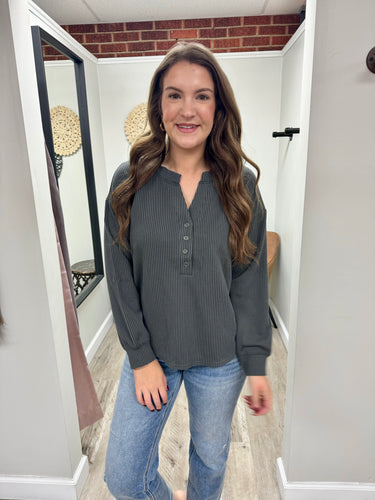 Natalie Charcoal Button Top