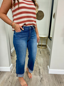 Mid Rise Crop Straight Cuffed Jeans