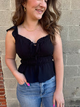 Load image into Gallery viewer, Hazel Smocked Ruffled Black Tank