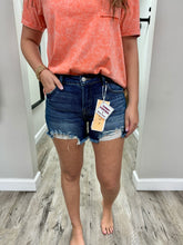 Load image into Gallery viewer, Mid Rise Dark Wash Fray Hem Shorts