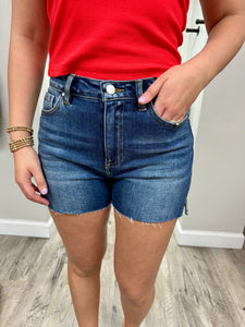 High Rise Risen Raw Hem Shorts