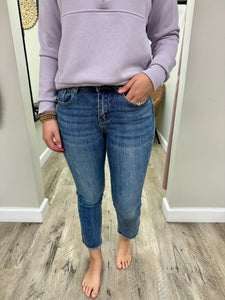 Mid Rise Fray Medium Wash Straight Leg Denim