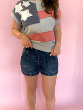 Load image into Gallery viewer, High Rise Dark Wash Studded Detail Shorts