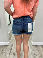 Load image into Gallery viewer, Mid Rise Dark Wash Fray Hem Shorts