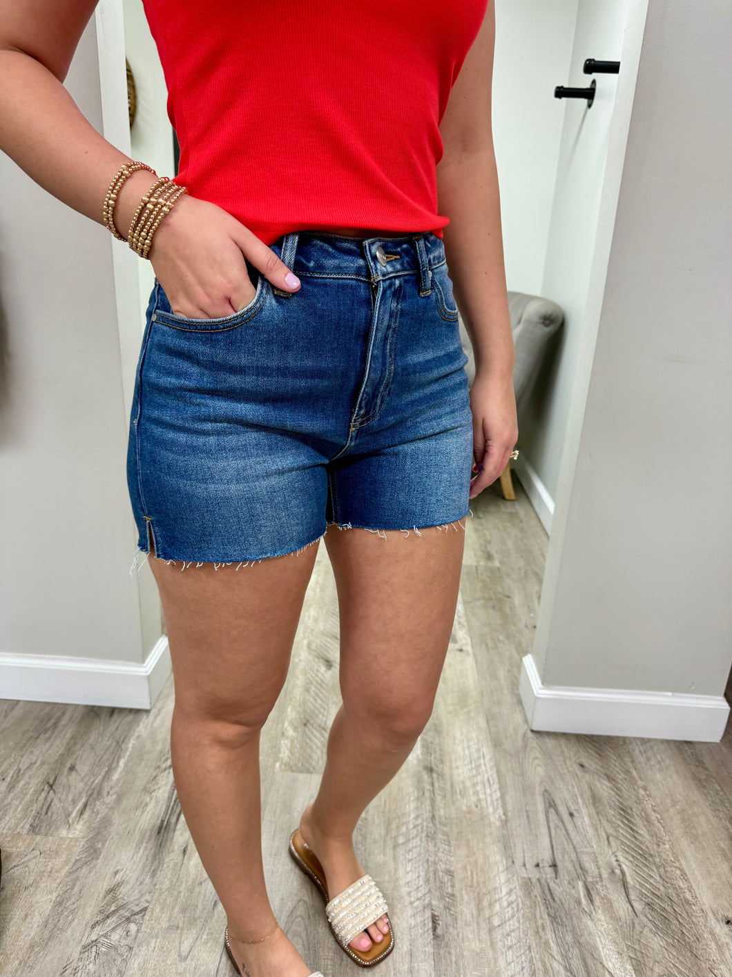 High Rise Risen Raw Hem Shorts