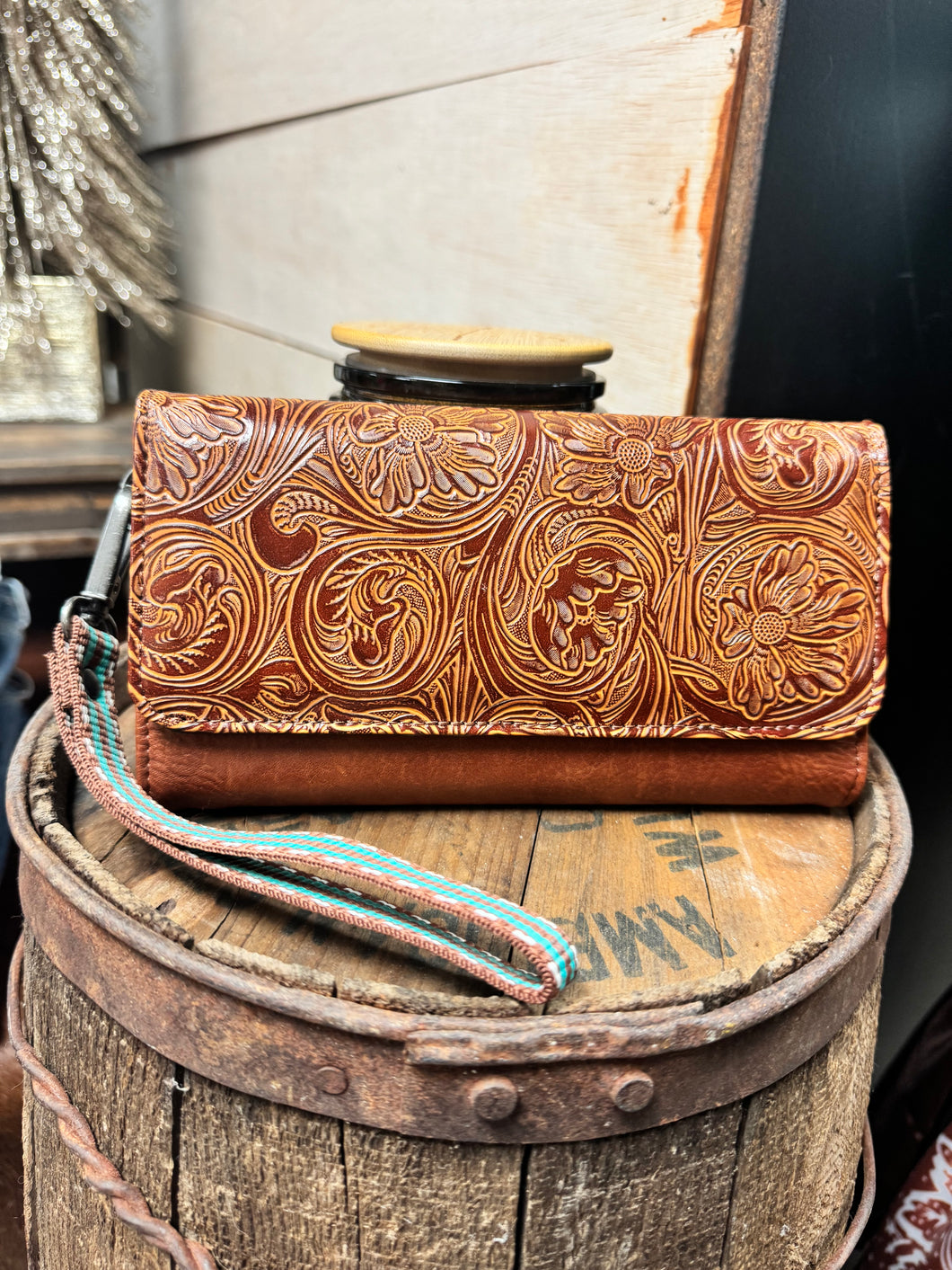 Brown Tooled Teal Wallet