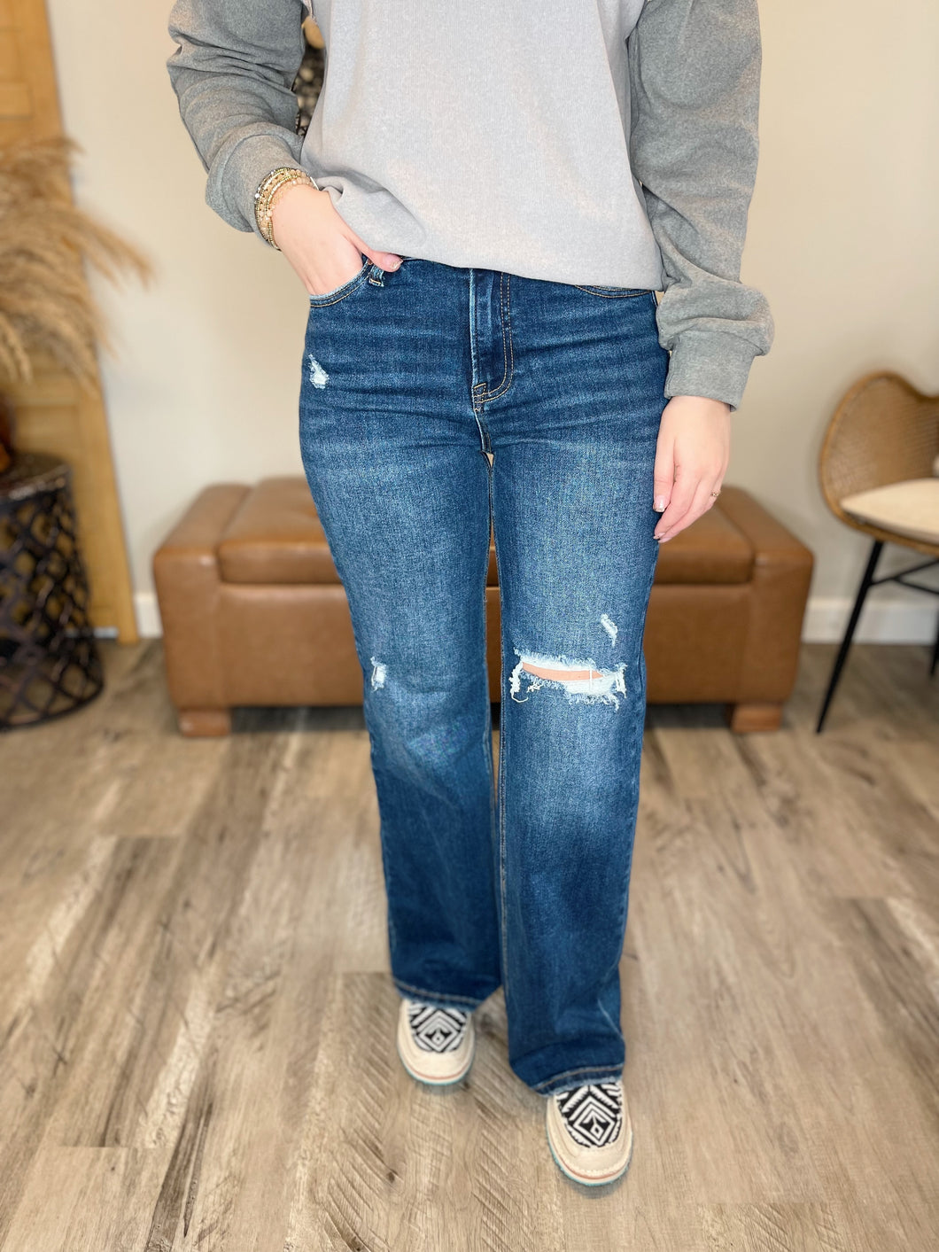 High Rise Distressed Detail Wide Leg Jeans