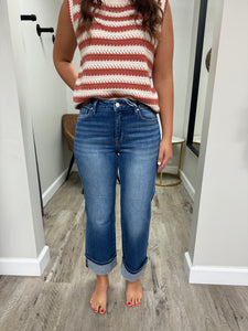 Mid Rise Crop Straight Cuffed Jeans