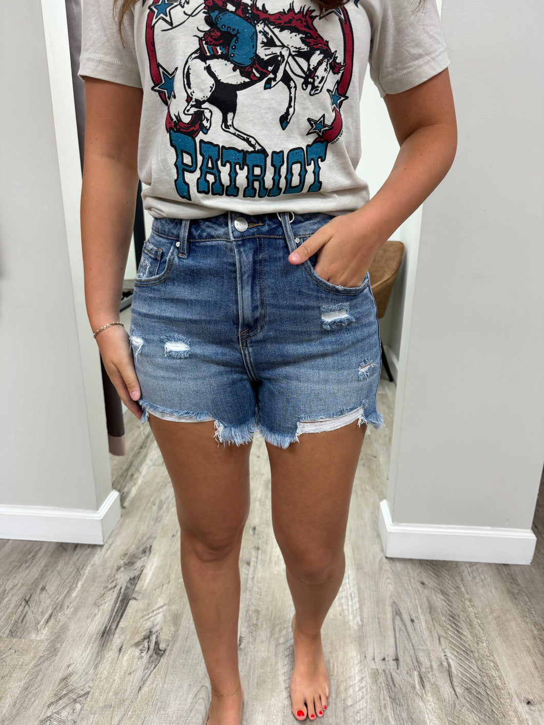 High Rise-Front Distressed Shorts