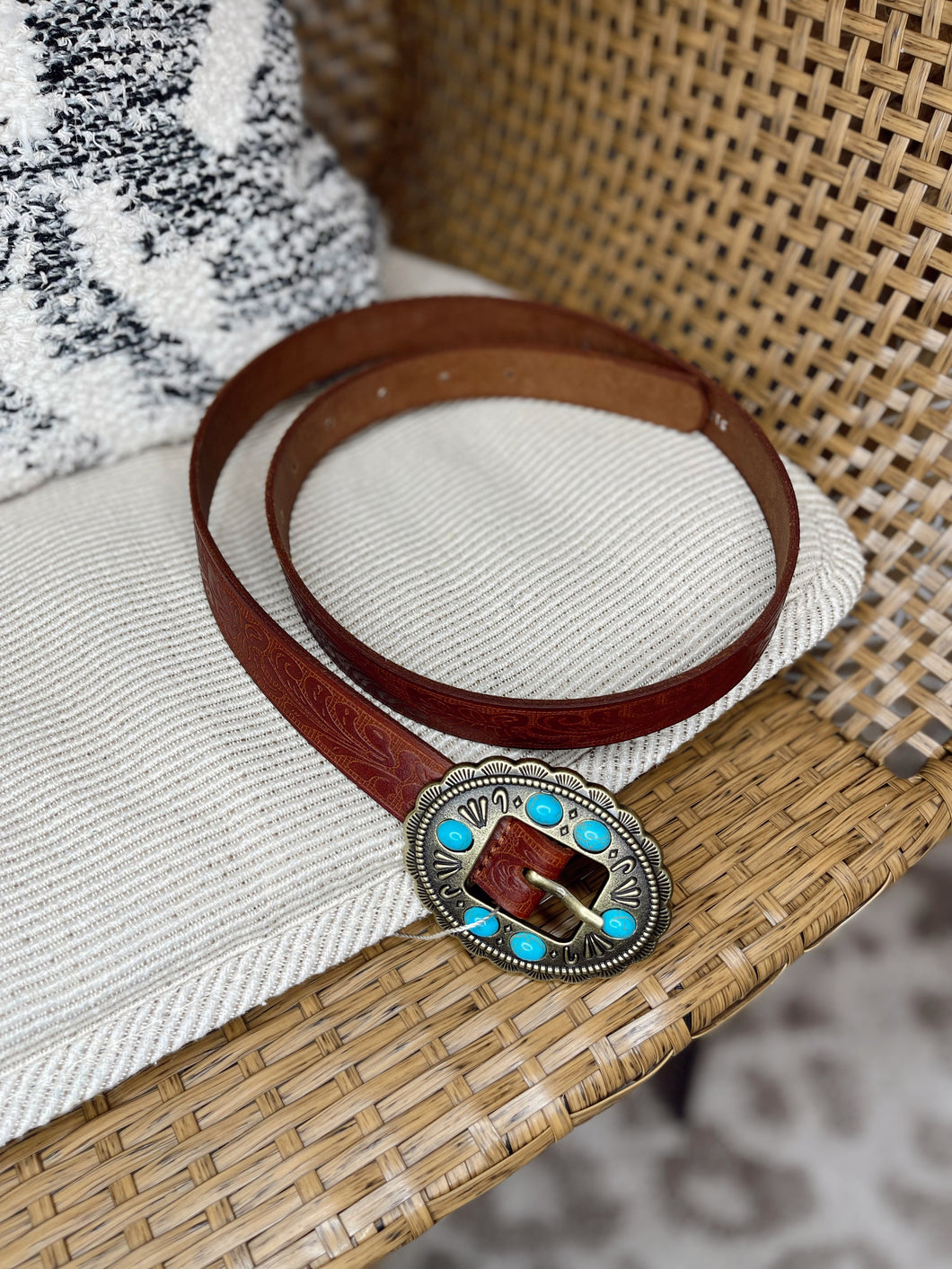 Tooled Leather Belt with Turquoise Stone Buckle