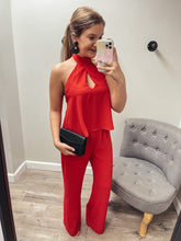 Load image into Gallery viewer, Lacey Red Keyhole Jumpsuit